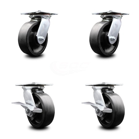 Service Caster 6 Inch Glass Filled Nylon Swivel Caster Set with Roller Bearings 2 Brakes SCC SCC-35S620-GFNR-2-SLB-2